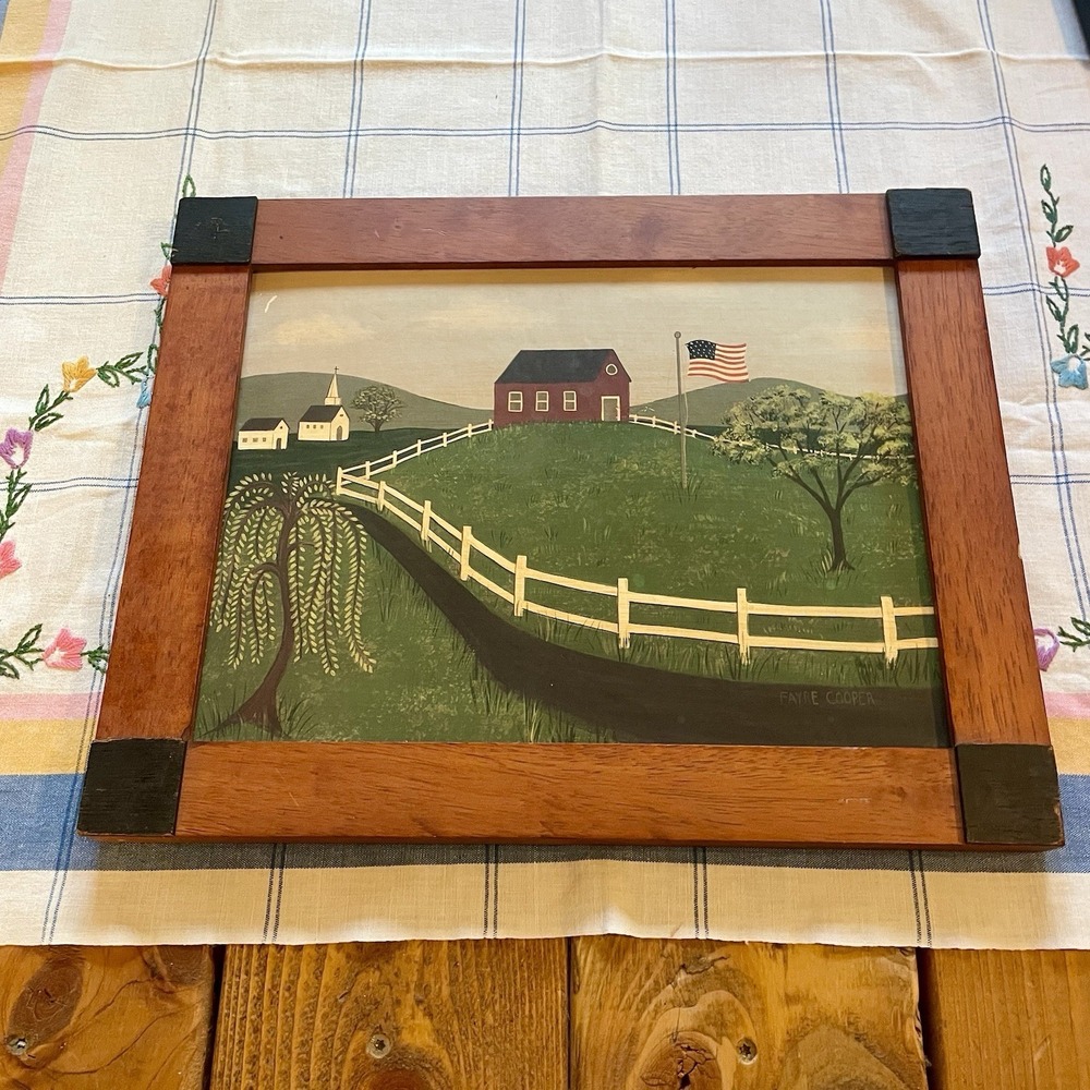 Vintage Fayre Cooper Framed Print with Church, Schoolhouse American Flag